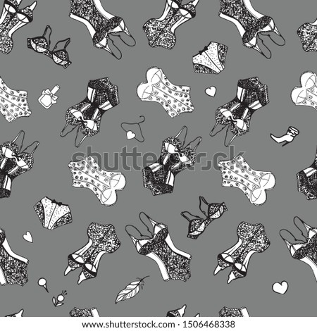 Seamless pattern in the form of lacy underwear for women, drawn on paper by hand, with a black-and-white outline. Graphics, calligraphy.
