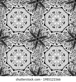 Patrón sin foco en forma de mandala. Elementos decorativos de época. Ornamento étnico. Vector blanco y negro.