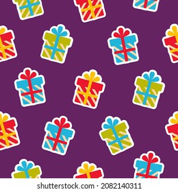 Seamless pattern in the form of multi-colored boxes with gifts on a purple background. Vector illustration.