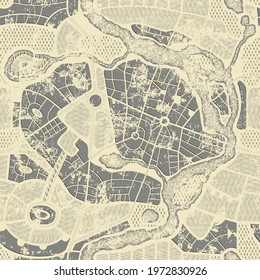 Seamless Pattern In Form Of An Old Abstract City Map In Grunge Style. Residential Districts With Parks And River On Vintage Beige Backdrop. Vector Monochrome Background With Roads Map And Streets Plan