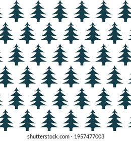 seamless pattern in the form of an ornament in the Scandinavian style of dark green Christmas trees on a white background for prints on fabric and for interior decoration