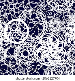 seamless pattern in the form of an ornament from a spider web of light lines on a blue background for prints on fabrics, packaging, clothing, covers and for background decoration