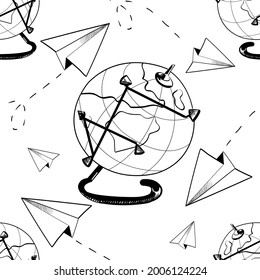 Seamless pattern in the form of an outline with the image of the globe and paper airplanes. For fabric, paper, printing.