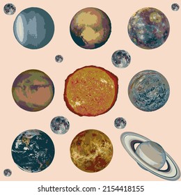 los planetas de forma sin soldadura del sistema solar incluyen el Sol, Mercurio, Venus, la Tierra, Marte, Júpiter, Saturno, Urano, Neptuno y Plutón. haciéndolo sentir en tonos tierra