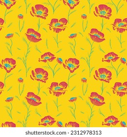 Seamless pattern in the form of a poppy flower leaves and stem. Vector illustration