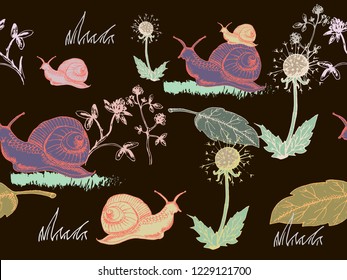 Seamless pattern in the form of snails. Snails, dandelions, clover, leaves in pastel colors. Engraving art. Vector hand-drawn sketch in color. The template is decorative.