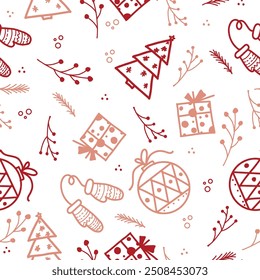 Seamless pattern in the form of a solid line of hand-drawn Christmas elements. The concept of the New Year's Tree holiday.