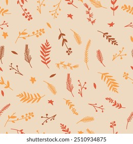 Seamless pattern in the form of a solid line of hand-drawn Christmas flowers, leaves, branches and elements.