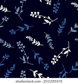 Seamless pattern in the form of a solid line of hand-drawn elements of flowers, leaves, branches.