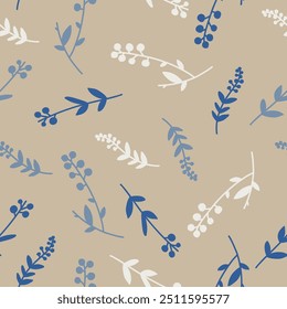 Seamless pattern in the form of a solid line of hand-drawn elements of flowers, leaves, branches.