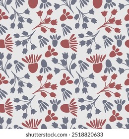 Seamless pattern in the form of a solid line of hand-drawn elements of flowers, leaves, branches.