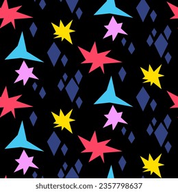 Seamless pattern in the form of stars of various shapes and colors. Bright sparks on black, firework symbols, glow. Flickering glare, glow, light effect, bright flash. Vector of stars