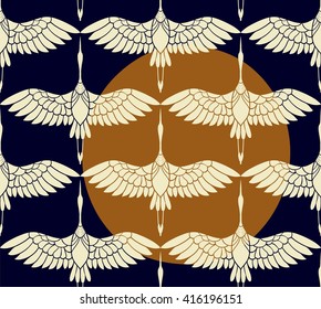 seamless pattern in the form of stylized birds cranes flying on the background of a sunset. on navy background orange sun and white birds.