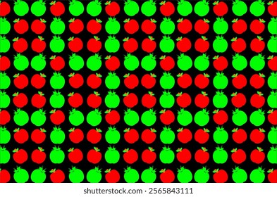 Seamless pattern in the form of tomatoes with two main colors, namely red and green. This pattern creates a cheerful and fresh impression. Perfect for textile designs, background and wallpaper.