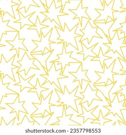 Patrón sin brillo en forma de estrellas amarillas de varias formas. Brillantes chispas y contornos de destellos, similares a fuegos artificiales en blanco, resplandecientes. Resplandor parpadeante, resplandor, efecto luminoso, flash brillante
