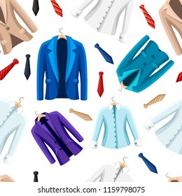 Seamless pattern. Formal colored suits for men. Colorful jacket and shirt. Flat vector illustration on white background.