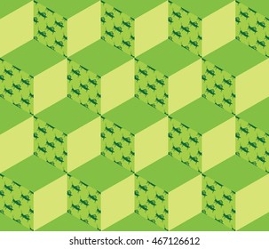 Seamless pattern formed by cubes with a grasshopper silhouette on one of the sides. Easy to print on fabric and paper. Shades of green color. Stock vector.