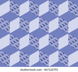 Seamless pattern formed by cubes with bees silhouette on one of the sides. Nice pattern for honey products. Easy to print on fabric and paper. Stock vector.