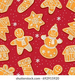 Seamless pattern formed by glazed homemade Christmas gingerbread cookies on red background, cartoon vector illustration. Christmas gingerman, boot, tree, house, snowflake. snowman gingerbread cookies