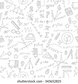 Seamless pattern with formulas and charts on the topic of mathematics and education, black marker on white background