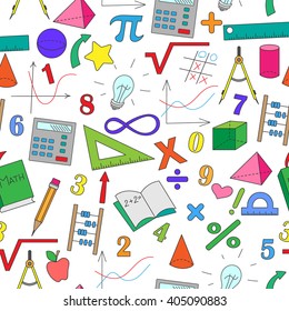 Seamless pattern with formulas and charts on the topic of mathematics and education, color icons on white background