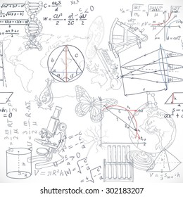 Seamless pattern of the formulas and doodles school subjects isolated on white background