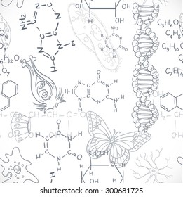 Seamless pattern of the formulas on the biology of doodles isolated on white background