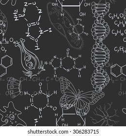 Seamless pattern of the formulas on the biology of doodles isolated on blackboard