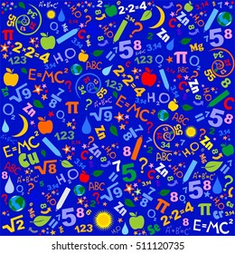 Seamless pattern of formulas and pictures concerning to Science. Blue background. Vector Illustration