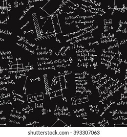Seamless pattern with formulas from theoretical mechanic on black desk