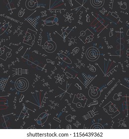 Seamless Pattern With Formulas,graphs, And Equipment As The Subject Of Physics With Colored Chalks On The Dark School Board