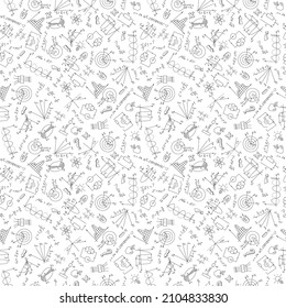 Seamless pattern with formulas,graphs, and equipment as the subject of physics,dark marker on white background