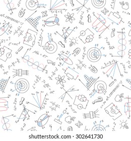 Seamless pattern with formulas,graphs, and equipment as the subject of physics with colored markers on white background
