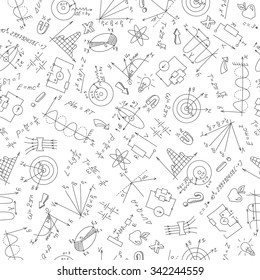 Seamless pattern with formulas,graphs, and equipment as the subject of physics,dark marker on white background