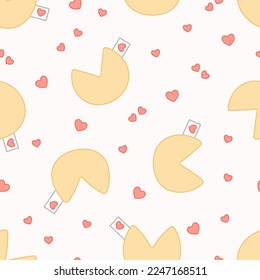Patrón inmaculado de galletas de la fortuna para el Día de San Valentín con corazones en un fondo rosado. Estilo Kawaii. 