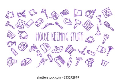 Seamless pattern of forty six house keeping hand drawn blue icons drawn with a felt-tip pen
