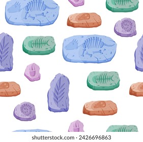 Seamless pattern of fossil stones with dinosaur skeleton and paw print