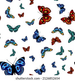 Seamless pattern with four beautiful colorful butterflies, bright aesthetic seasonal vector background.