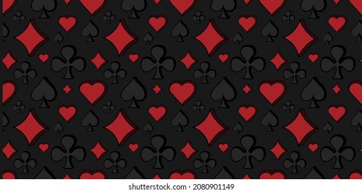 Seamless pattern with four card suits on black background. Luxury template for casino, game design, flyer, poster, banner, web, advertising. Vector illustration