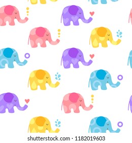Seamless pattern of four cute characters cartoon kawaii elephants: pastel blue, yellow, lilac and pink with flower patterns on white background. Baby children colors. Flat vector illustration