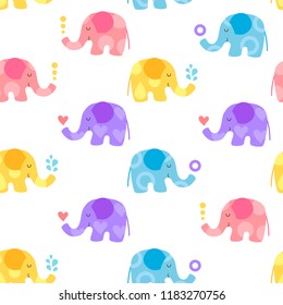 Seamless pattern of four cute characters cartoon kawaii elephants: pastel blue, yellow, lilac and pink with flower patterns on white background. Baby children colors. Flat vector illustration