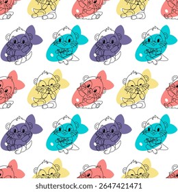 Seamless pattern of four cute otters in different playful poses on the background of four colorful fish: yellow, blue, red and purple. Each otter has a different facial expression and does different
