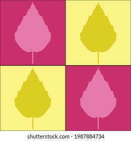 Seamless pattern with four dark yellow and pink serrate leaves on a magenta and pastel yellow background. Pop art style for print. Vector.