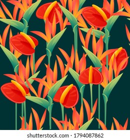 Patrón sin foco de cuatro flores decorativas Pájaro de elemento floral Paraíso para jardín o flor maceta ilustración vectorial plana sobre fondo blanco