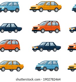 Seamless pattern of four different cars retro and modern city automotive vector illustration