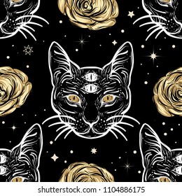 Seamless pattern with four eyed cat and roses in tattoo art style.