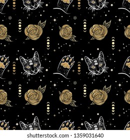 Seamless pattern with four eyed cat, paw and roses in tattoo art style.