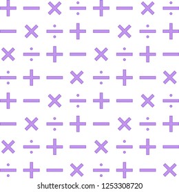 Seamless pattern four fundamental arithmetic operations, addition, subtraction, multiplication, division background wallpaper pink purple