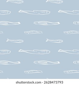 Seamless pattern with four hand drawn white fish in whimsical sketch style swimming on light blue background in different directions
