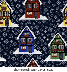 Seamless pattern with four houses of different colors in Alsaces style with snowflakes, snow roofs, poinsettia flowers and garland